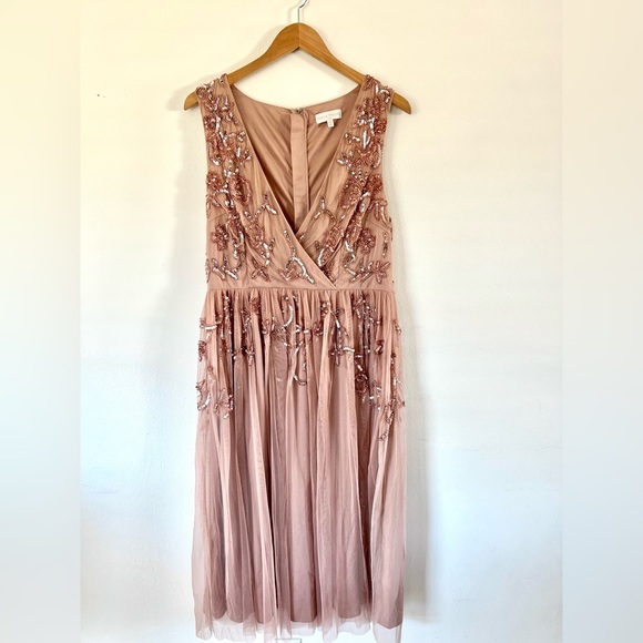 Maya Deluxe Tall Pink Floral Embellished Sleeveless Mid Dress Size 12 Tall - Picture 4 of 13